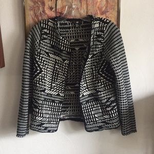 HM H&M STRETCH FITTED BLACK WHITE BOHO PATTERN OPEN KNIT BLAZER JACKET XS